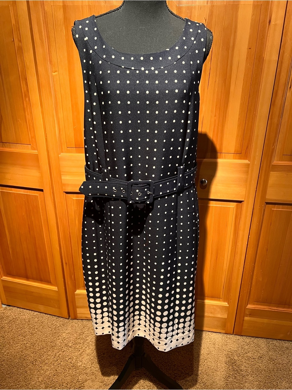 I LE New York Sleeveless Blue & Cream Polka Dot Belted Dress - Sz 18
